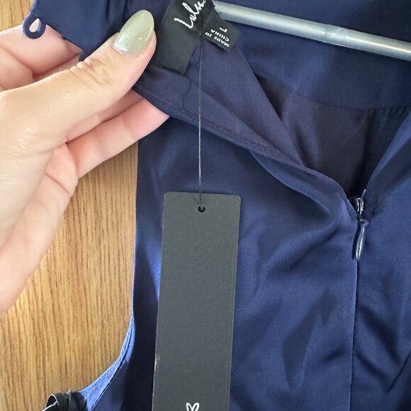 Lulus Navy Satin Asymmetrical Midi Dress - Picture 5 of 9